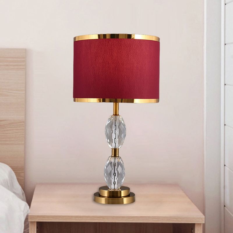 1 Head Crystal Table Light with Drum Shade Fabric Traditional Drawing Room Nightstand Lamp in Red/Beige