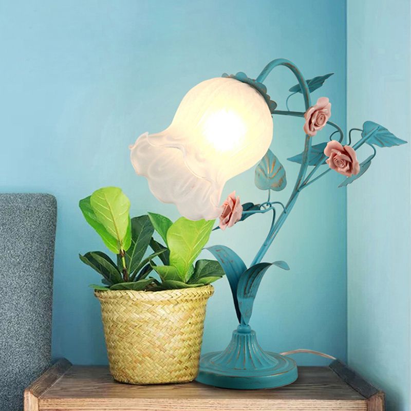 1-Bulb Night Light Pastoral Floral Frosted Milky Glass Table Lamp with Arched Arm in Blue/Beige