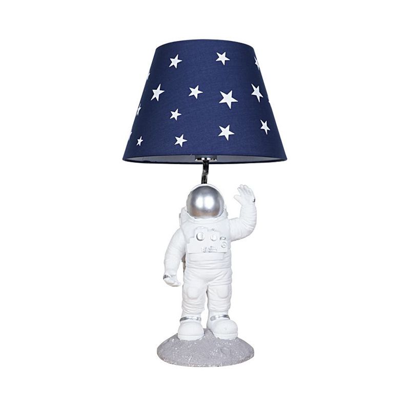 Blue Empire Shade Night Lamp Kids Single Star Patterned Fabric Table Lighting with Carved Spaceman Base, 10"/13" Wide