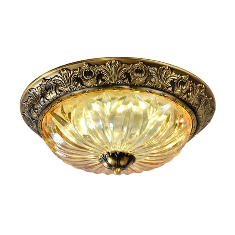 Antiqued Messing Bowl Plafond Lamp Traditionele Gesneden Glazen Corridor Flush Mount Light Fixture