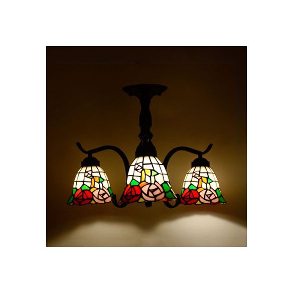 3/5 Lights Semi Flushmount with Shade Tiffany Style Stained Glass Semi Flush Lamp in Red/Blue/Green/Blue-White for Stairway