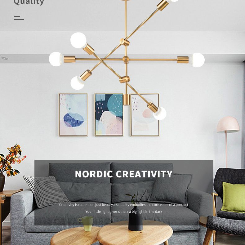 Geometric Lines Nordic Style Chandelier with Angle Adjustable Arm 6-lights Open Bulb Lighting Fixture in Bedroom Dining Room