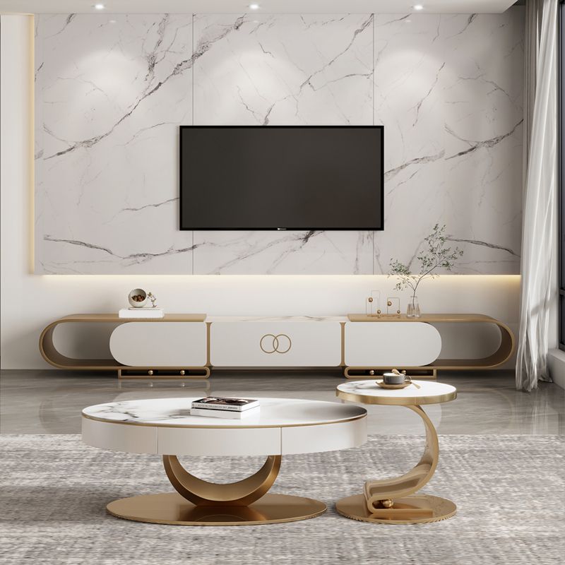 Glam TV Console Open Storage Stone Media Console with Drawer for Home