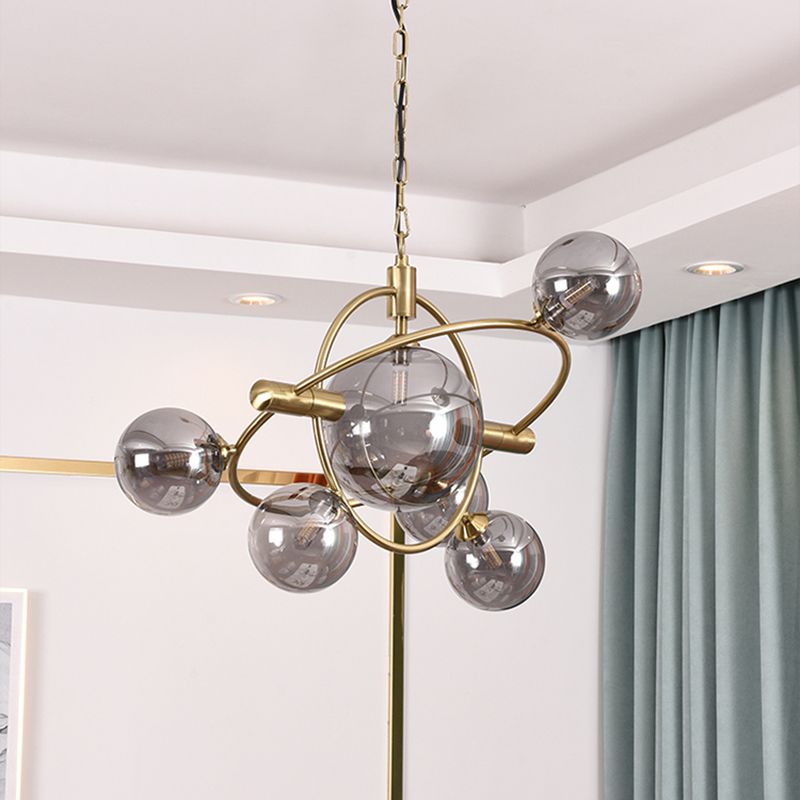 Gold Concentric Ring Pendant Light with Sphere Shade Amber/Clear/Smoke Glass Contemporary Chandelier for Living Room