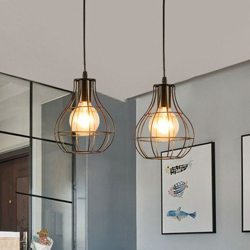 Iron Cage Pendant Lighting Fixture Farmhouse 1 Head Dining Room Suspension Lamp in Black