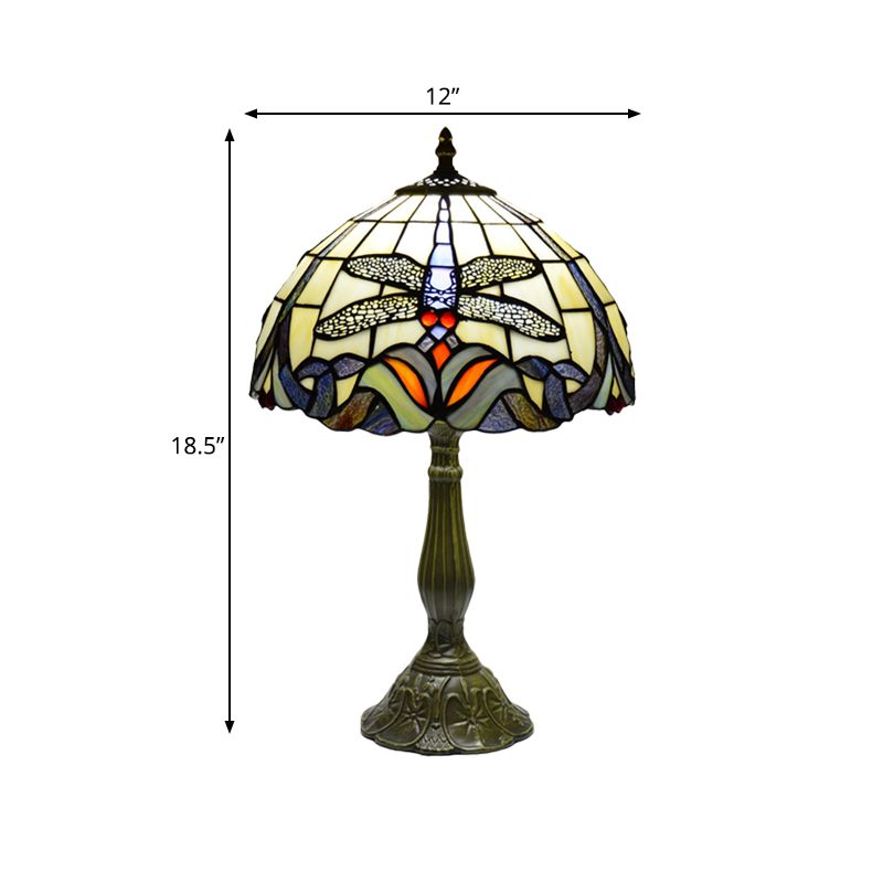 Hand-Cut Glass Bronze Night Light Dragonfly On Flower 1 Bulb Tiffany Table Lamp for Bedside