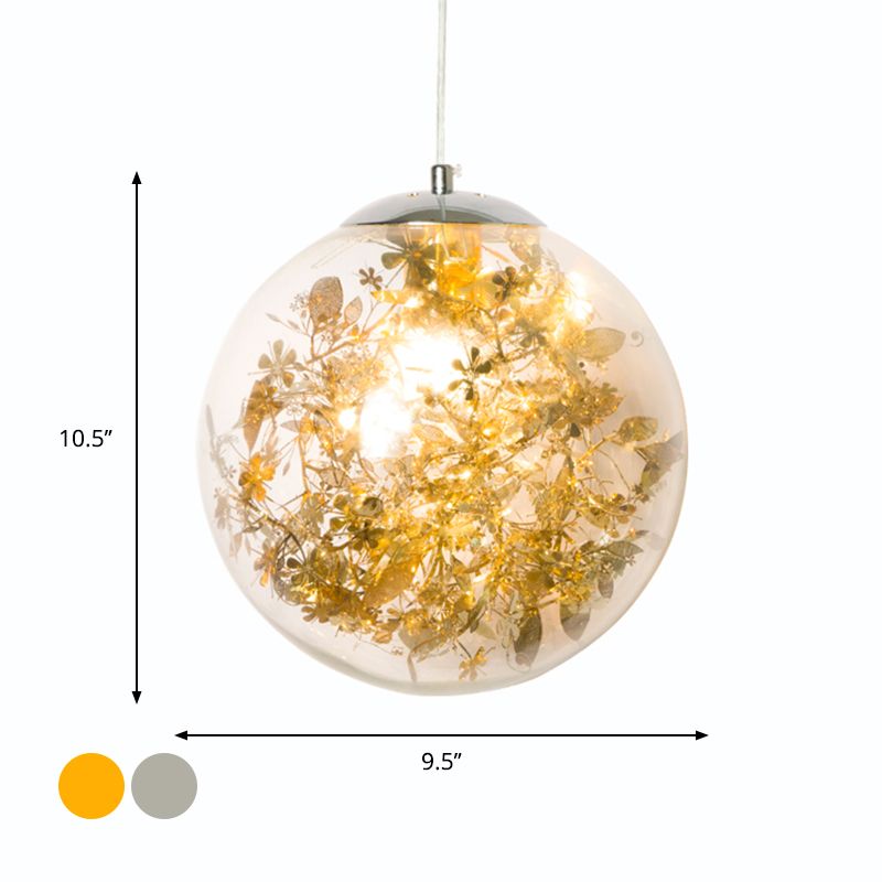 Globe Bedroom Hanging Light Clear Glass 1-Light Modernist Pendant Lighting with Inner Leaf Decor in Silver/Gold