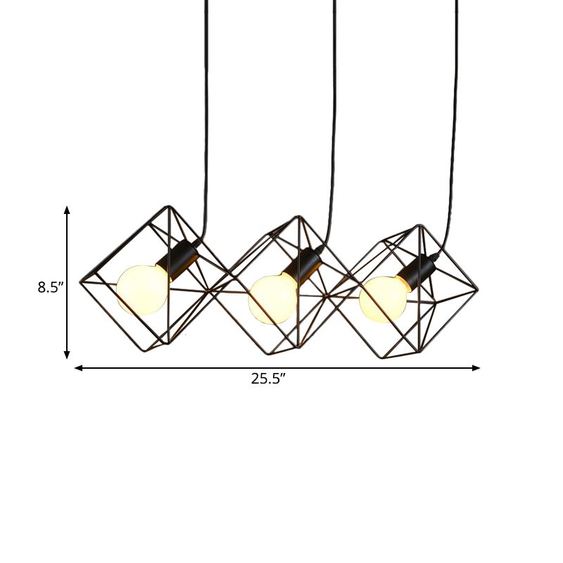 Iron Black Multiple Hanging Light Cube Cage 3 Bulbs Industrial-Style Pendant Lamp