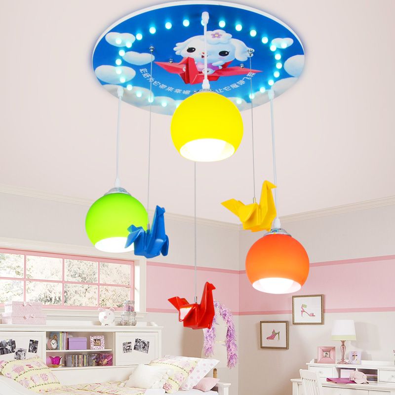 Cartoon Style Domed Pendant Lighting Yellow and Green Glass 3 Light Bedroom Hanging Lamp with Round Canopy in Blue