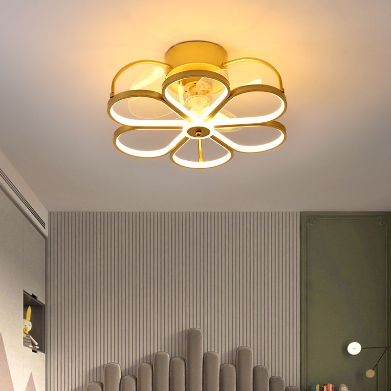 Minimalist Flower Semi Flush Mount Lamp Metal Living Room LED Ceiling Fan Light Fixture