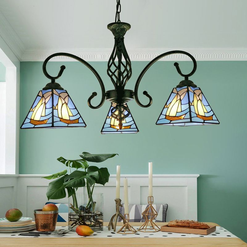 Pyramid Shade Chandelier Pendant Light Stained Glass Traditional Hanging Light for Dining Room