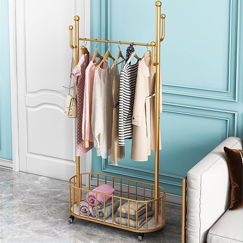 Glam Coat Rack Free Standing One Storage Shelve Metal Hall Stand with Wheels