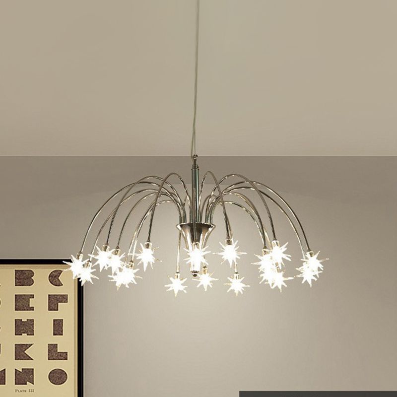 Modern Stylish Starry Clear Glass Pendant 18 Heads Chandelier Light Fixture with Chrome Arched Arm