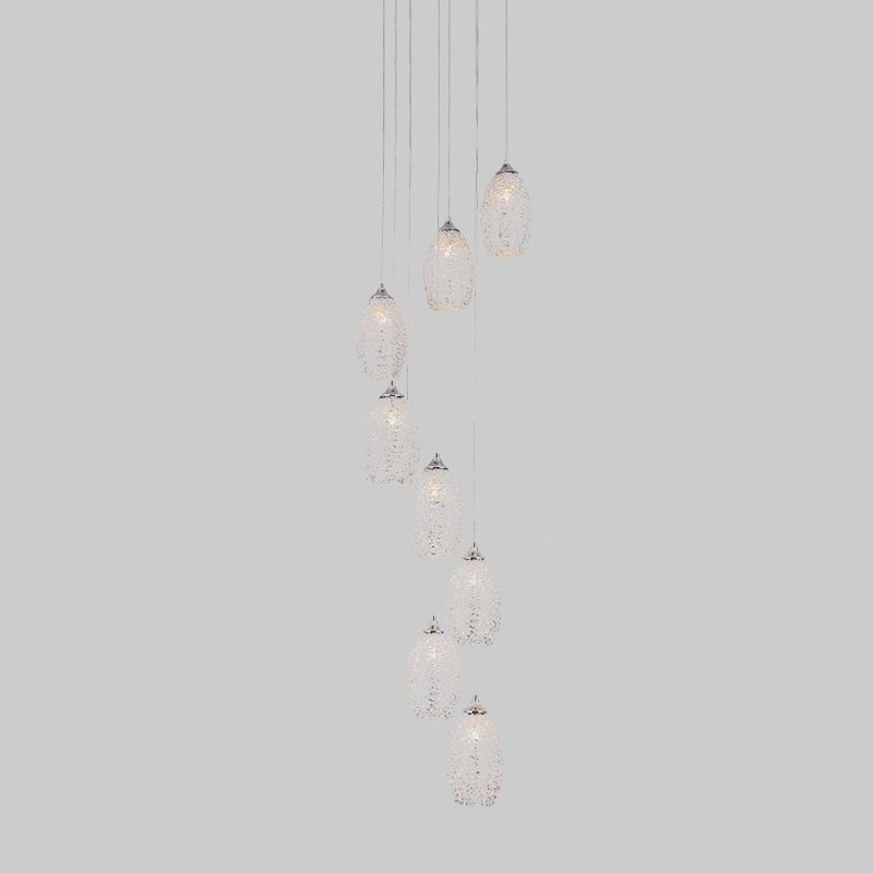 8 Bulbs Metallic Hanging Lamp Contemporary Silver Egg Shape Stair Multi Light Pendant