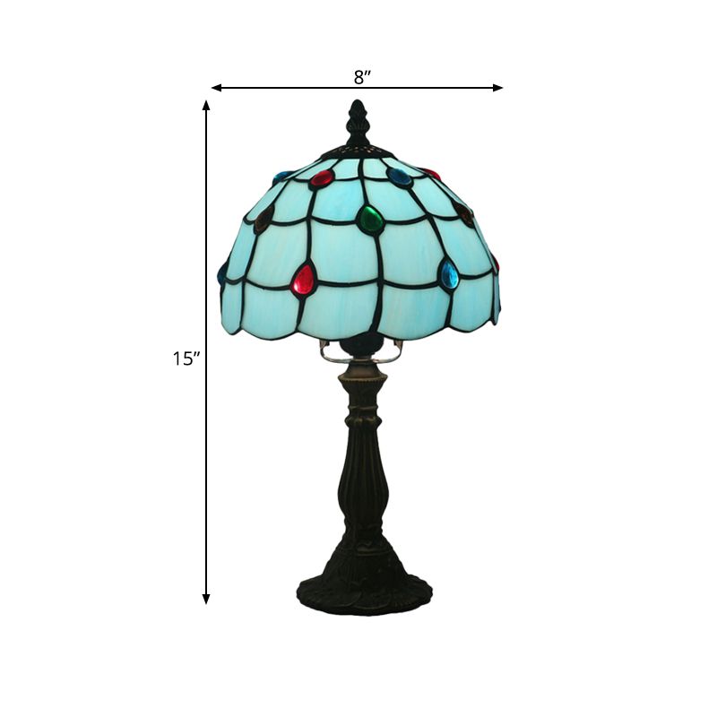 Blue Glass Lattice Bowl Table Lighting Mediterranean 1 Head Bronze Gem Patterned Desk Lighting for Bedroom