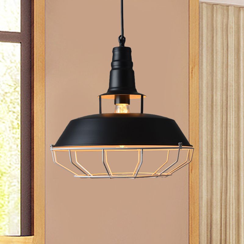 Black Barn Hanging Lighting Farmhouse Metallic 1-Head Restaurant Drop Pendant Lamp with Cage