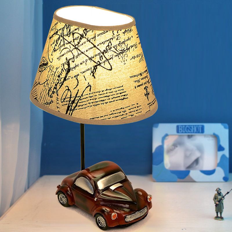 Barrel Night Table Lamp Kids Fabric 1-Light Bedroom Nightstand Light in Beige with Car Base