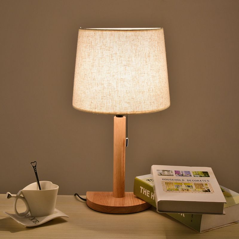 Fabric Half Barrel Desk Light Asian Style Single Light Wood Reading Book Lamp with Pull Chain