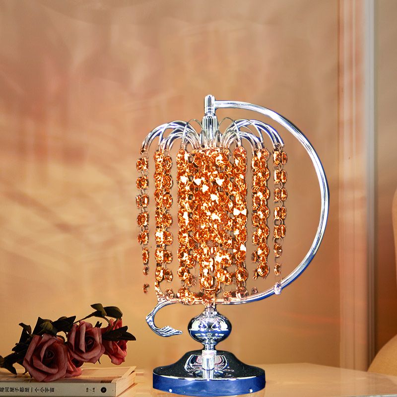 1-Head Drooping Tassel Night Light Retro Pink/Yellow/Blue Crystal Table Lighting with Polished Chrome C Arm