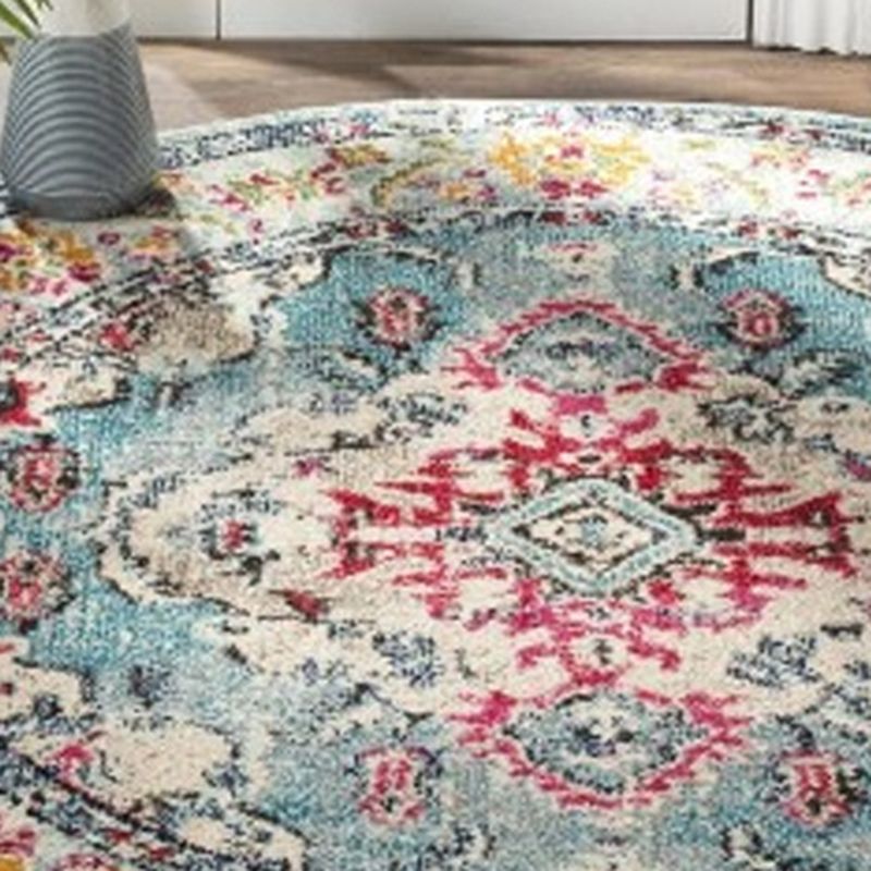 Symmetrical Floral Print Rug Moroccan Polyester Area Rug Anti-Slip Backing Carpet for Home Decor