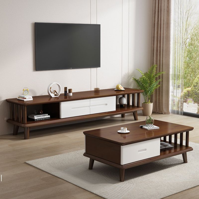 Contemporary Solid Wood TV Console 2-open Shelf TV Stand with Drawers