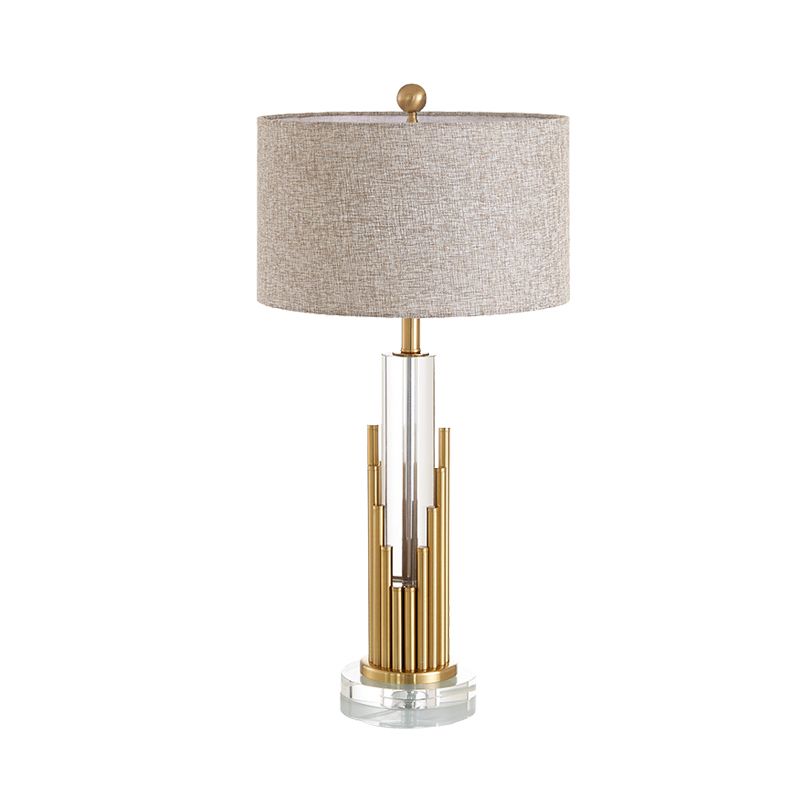 Modern Column Table Lamp Clear Crystal 1 Head Desk Light in Gold with Fabric Shade