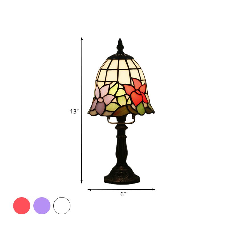 Stained Glass White/Red Night Light Conical/Flared 1-Head Mediterranean Table Lighting with Floral Pattern