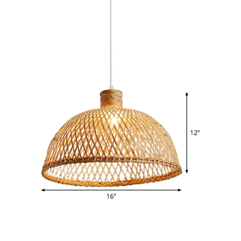 1 Bulb Tearoom Ceiling Lamp Asian Wood Hanging Pendant Light with Dome Bamboo Shade