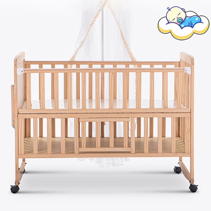 2-in-1 Solid Wood Crib with Guardrails Natural Mini Crib with Casters