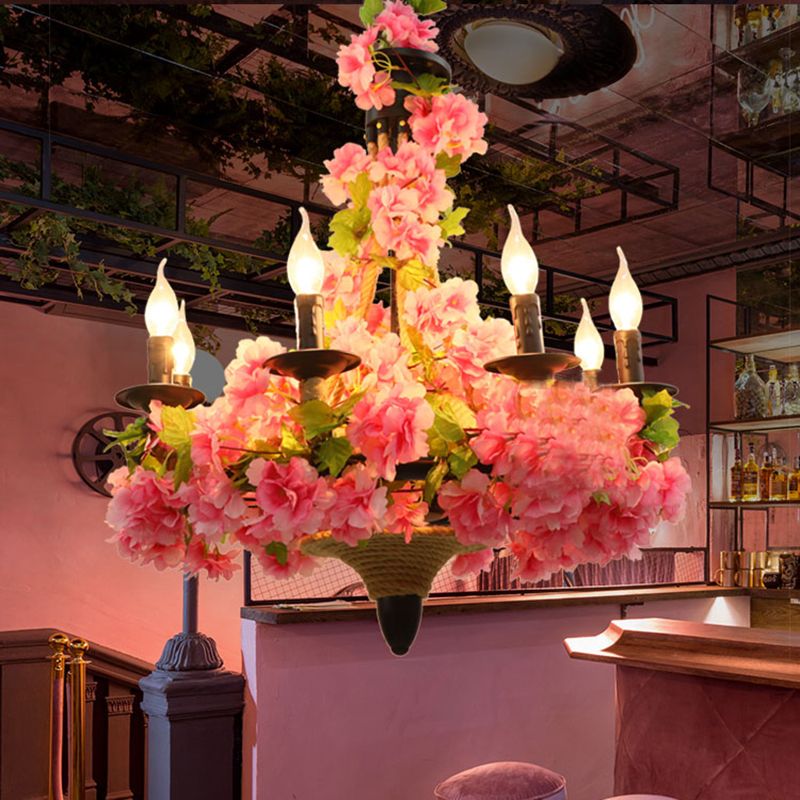 Pink Candle Pendant Chandelier Vintage Metal 6 Bulbs Restaurant LED Hanging Light with Cherry Blossom