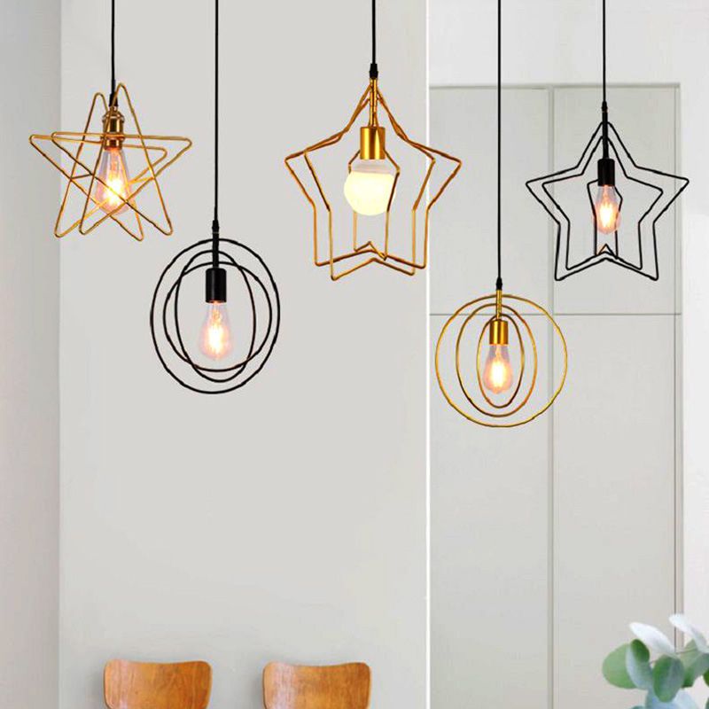 Star Cage Metal Pendant Light Antique 1-Light Dining Room Hanging Light Fixture in Gold