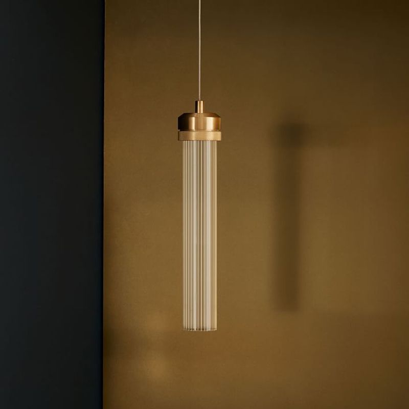 Clear Fluted Glass Tube Pendant Light Simplicity 1 Bulb Gold Hanging Ceiling Light over Dining Table