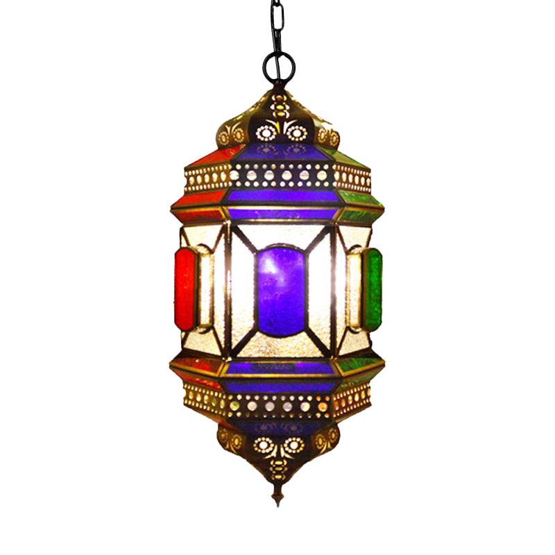 Retro Lantern Chandelier Light 3-Bulb Stained Glass Suspension Lamp in Brass for Restaurant