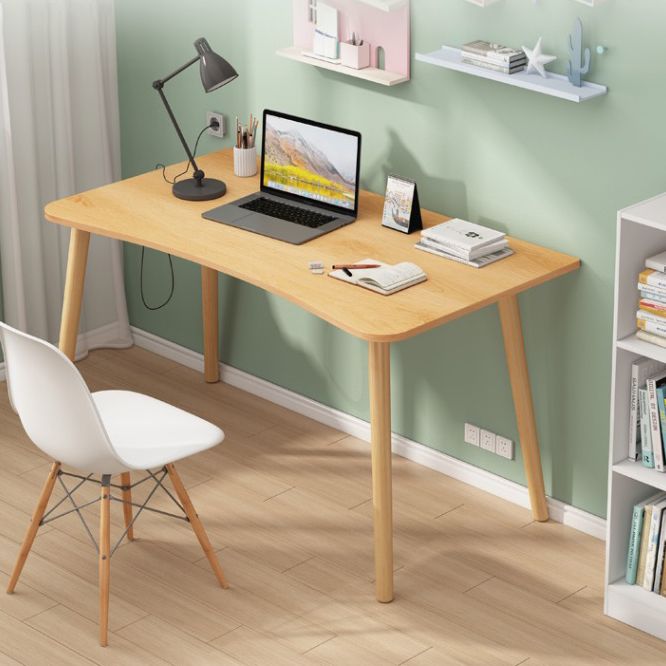 Modern White and Brown Office Desk Parsons Wooden Curved Writing Desk for Bedroom