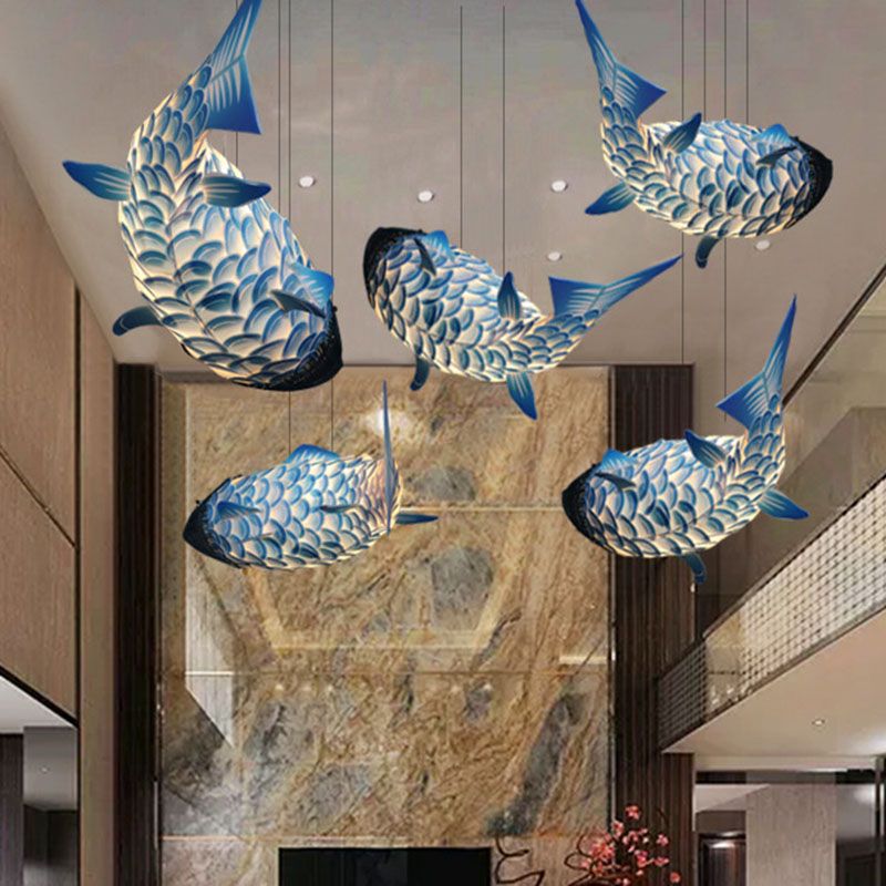 Art Deco 1 Head Pendant Light Kit Blue Carp Hanging Ceiling Light with Metal Shade