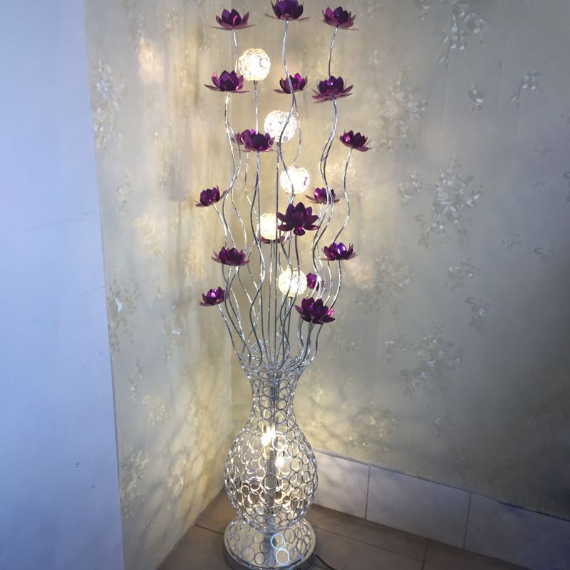 Vase Shape Aluminum Stand Up Light Decorative LED Bedroom Reading Floor Lamp with Blossom and Ball Design in Red/Purple