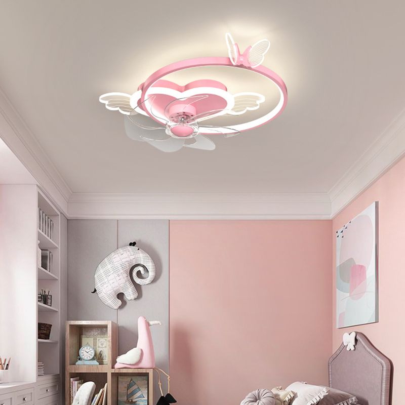 Remote Control Heart Shaped Acrylic Fan Lamp Cartoon LED Semi Flush Ceiling Light for Kids Room