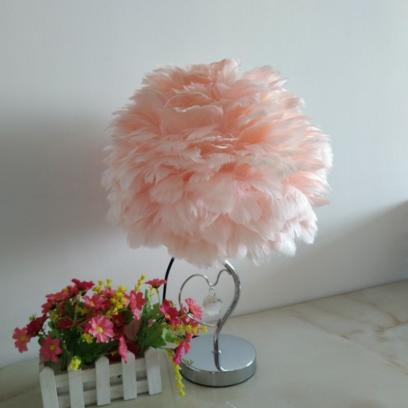 1-Light Bedroom Night Lamp Nordic Grey/Orange/Pink Table Light with Dome Feather Shade and Crystal Accent