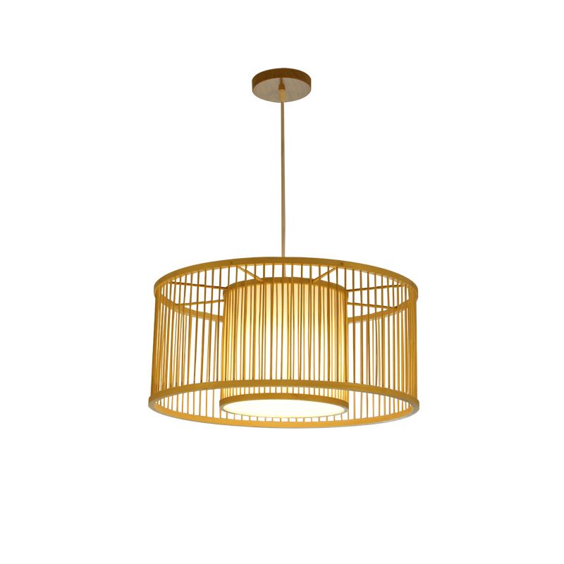 Minimalist Drum Suspension Lighting Bamboo 1 Head Restaurant Pendant Ceiling Light in Wood