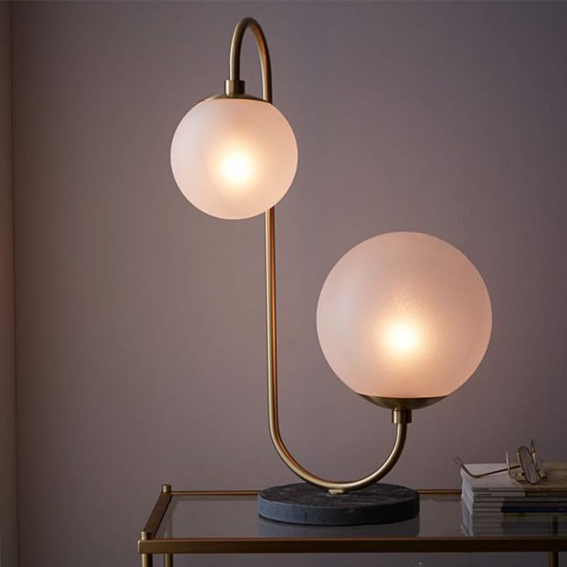 White Glass Ball Task Lamp Modern 2 Bulbs Table Light in Brass with Curvy Metal Arm