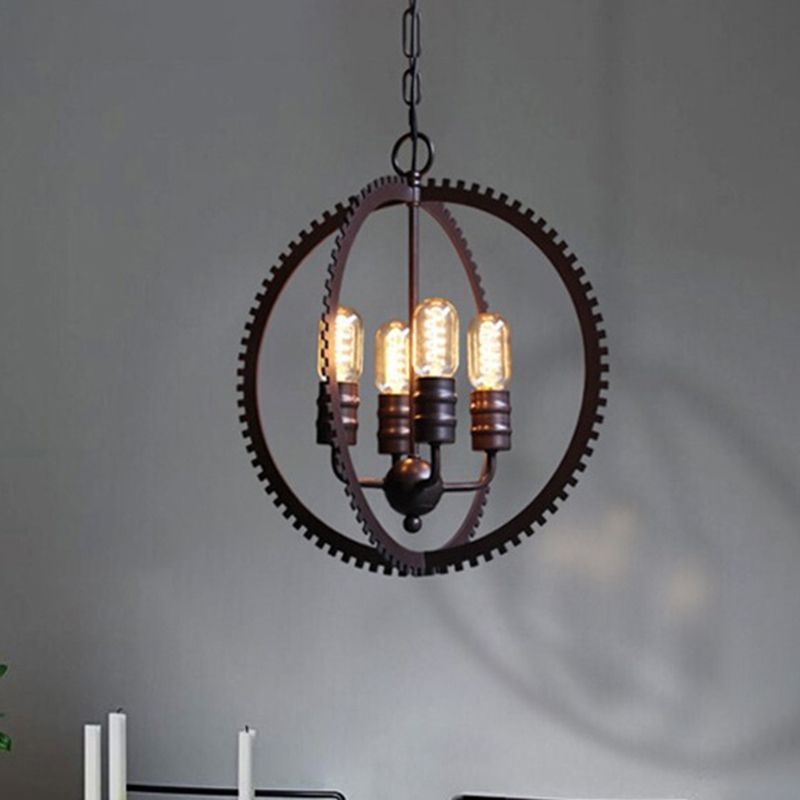 4 Lights Ceiling Light Industrial Globe Shade Metal Hanging Chandelier in Bronze for Dining Room with Gear