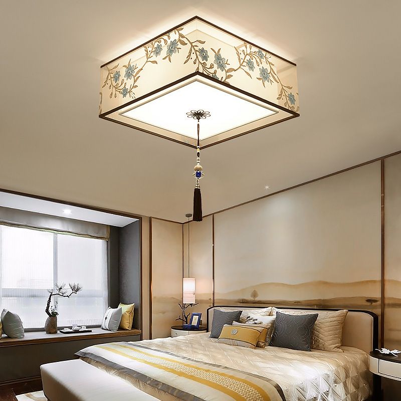 Geometry Shape Ceiling Lamp Tradition Iron Flush Mount with Fabric Lampshade for Hotel