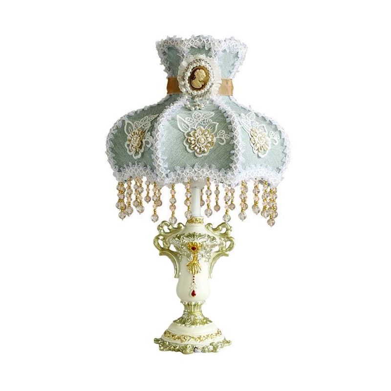 Aqua Scalloped Nightstand Lamp European Court 1 Head Fabric Night Table Light with Bead Decor