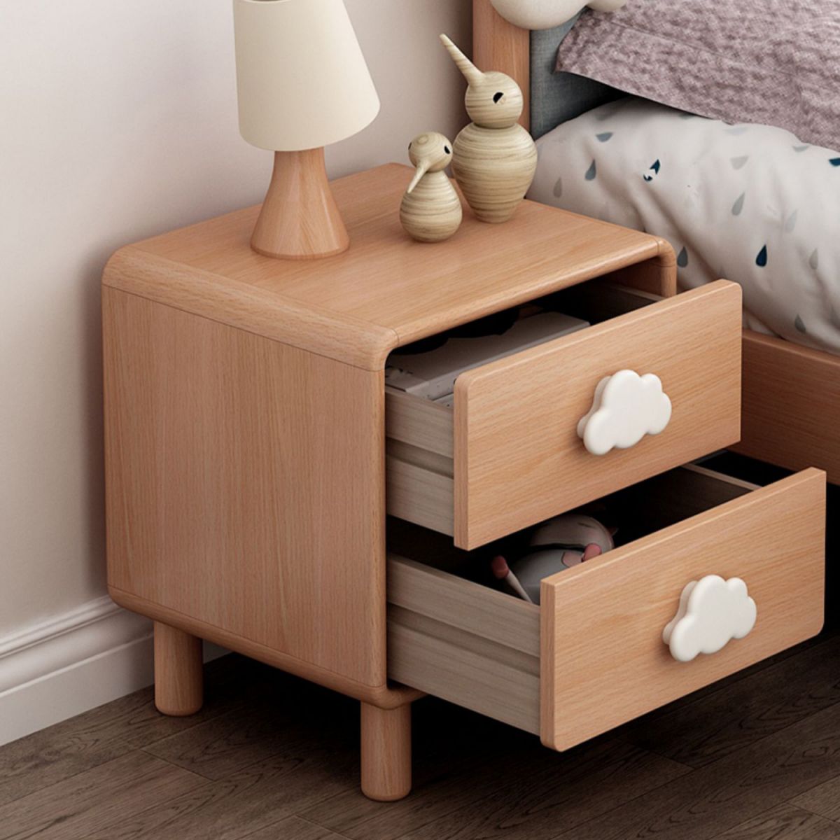 Modern Beech Kids Bedside Table Light Wood Nightstands with 2 Drawers