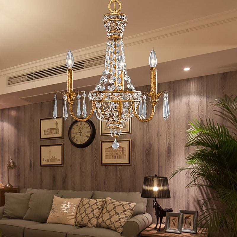 Retro Pyramid Hanging Chandelier Crystal 3 Heads Suspension Light in Gold for Living Room