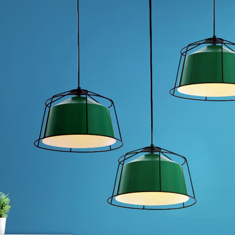 Green Barn Pendant Light Fixture Loft Aluminum 1 Light Living Room Down Lighting with Cage Guard