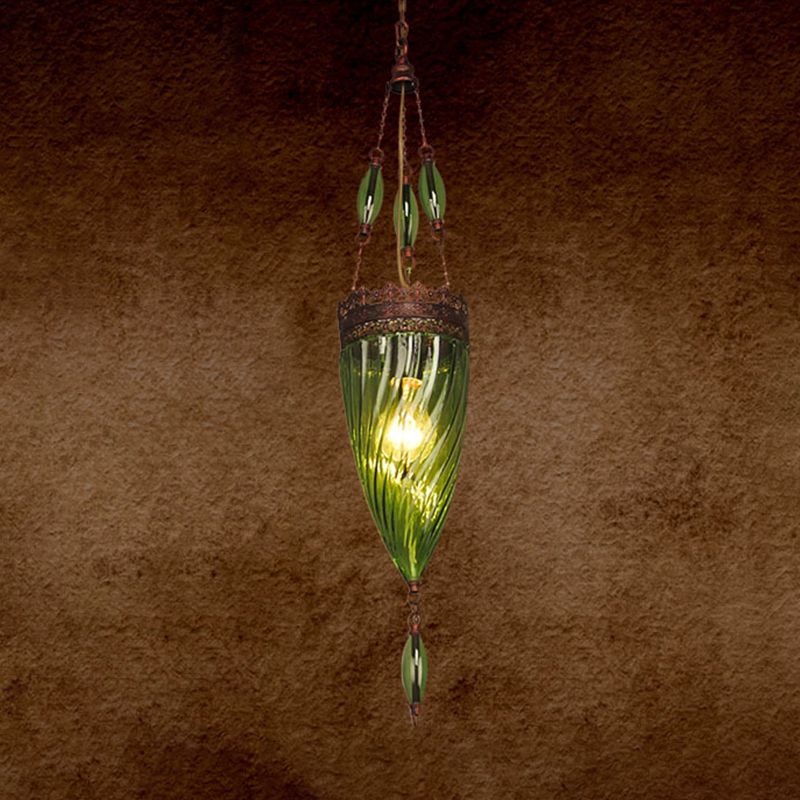 Cone Dining Room Hanging Ceiling Light Moroccan Red/Blue/Green Textured Glass 1 Light Down Lighting