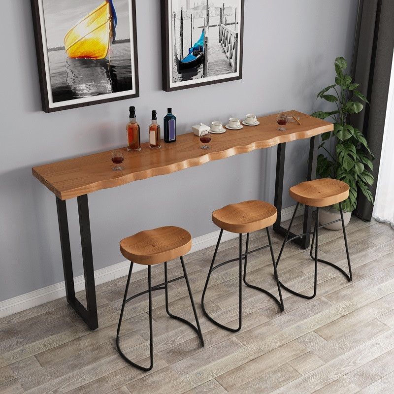 Industrial Pine Wood Top Bar Table Rectangle Bistro Table with Double Pedestal in Black