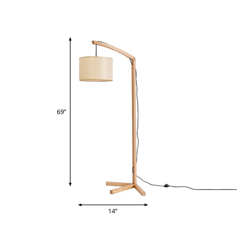 Cylinder Fabric Reading Floor Lamp Modern 1 Bulb Wood Floor Light with Bow Pole and Three-Foot Stand