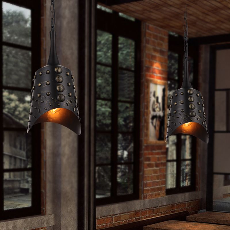 Bell Shape Bar Drop Pendant Light Antiqued Metallic 1-Light Black Finish Suspension Lamp